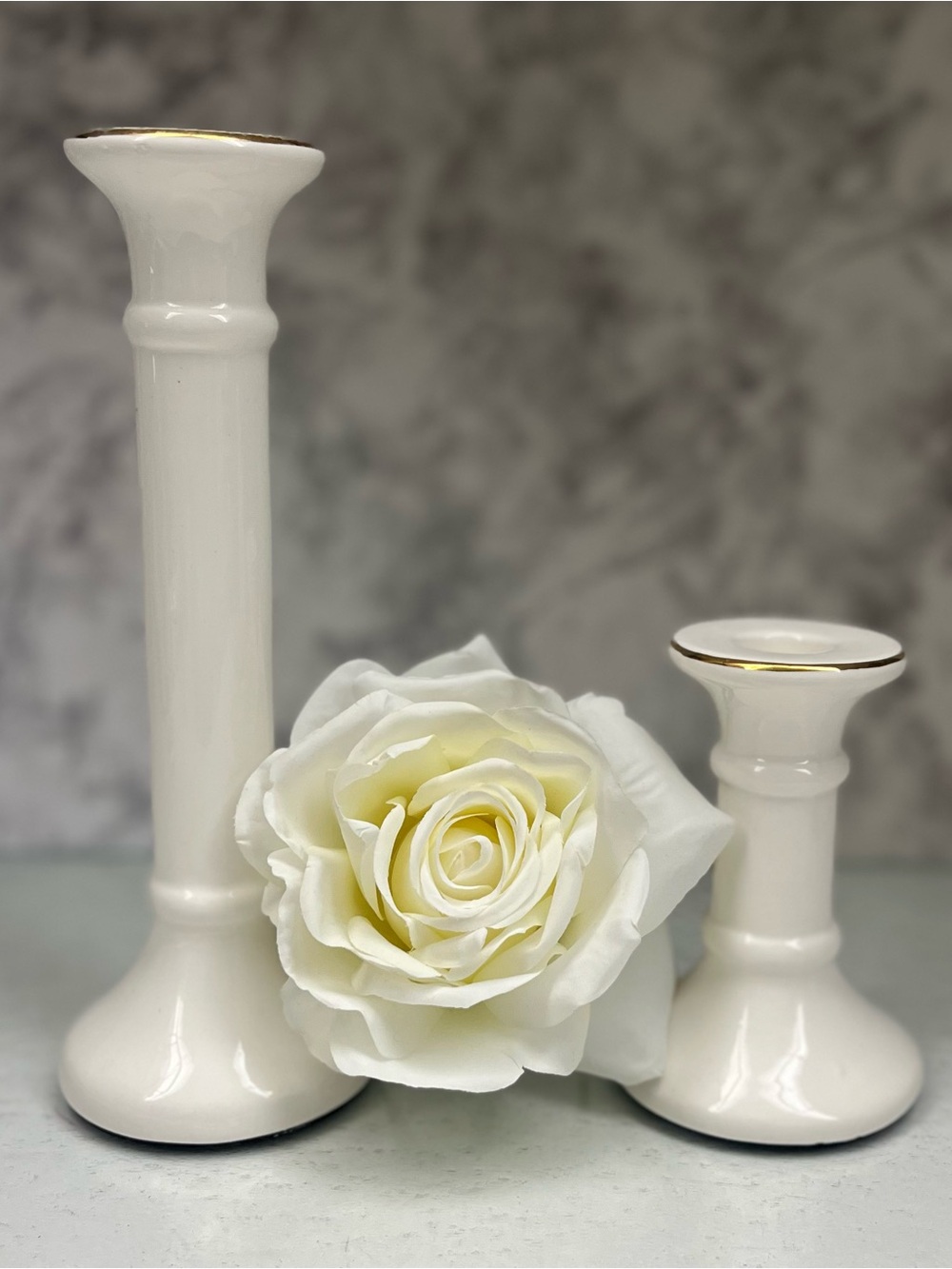 Set Of Two White Ceramic Column Candlestick Holders With Gold Tone Rim